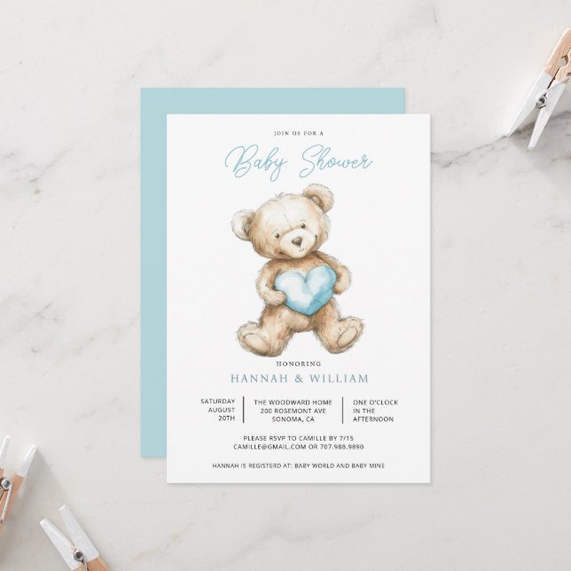 Convite Chuva de Bebê Menino Urso de Pelúcia Coração Azul  (Frente/Verso In Situ)