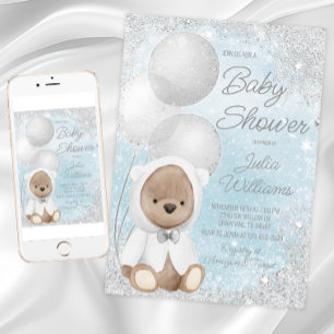 Convite Chuva de Bebê Menino Urso de Pelúcia no Inverno