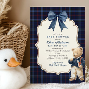 Convite Chuva de Bebê Menino Urso de Pelúcia Xadrez Azul M
