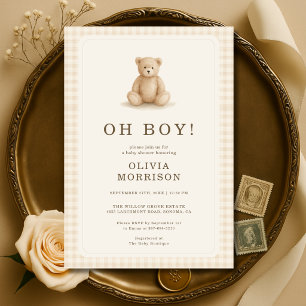 Convite Chuva de Bebê Menino Urso de Pelúcia Xadrez Neutro