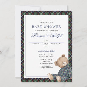 Convite Chuva de Bebê Menino Urso de Pelúcia Xadrez Ralph 