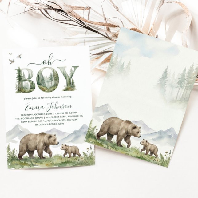 Convite Chuva de Bebê Menino Urso Floresta Aquarela (Oh Boy Watercolor Woodland Bear Baby Shower Invitation)