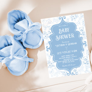Convite Chuva de Bebê Menino Urso Laço Toile Azul Branco