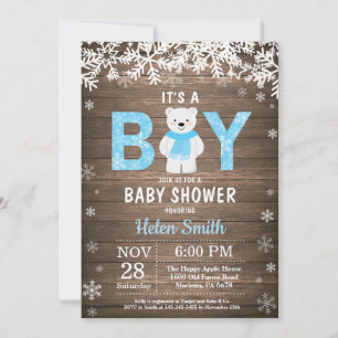 Convite Chuva de Bebê Menino Urso Polar Rústico de Inverno