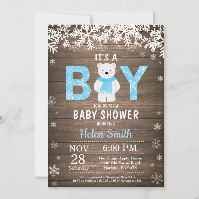 Convite Chuva de Bebê Menino Urso Polar Rústico de Inverno (Frente)