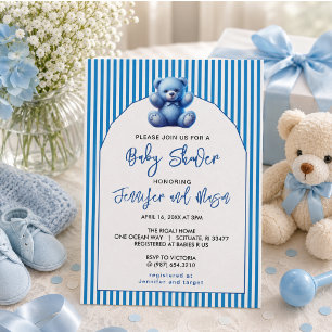 Convite Chuva de Bebê Menino Vintage Urso Azul Fofo