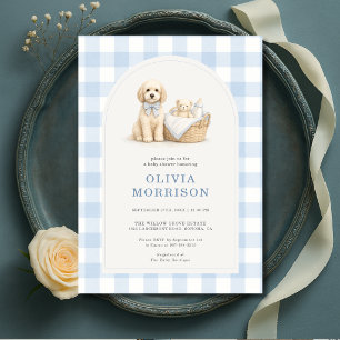Convite Chuva de Bebê Menino Xadrez Azul Cachorrinho