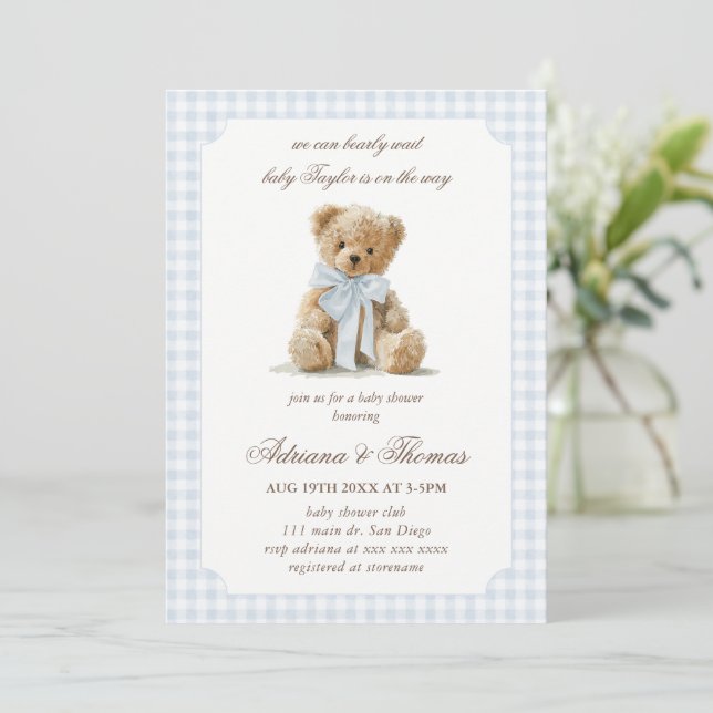 Convite Chuva de Bebê Menino Xadrez Azul Urso (Em pé/Frente)