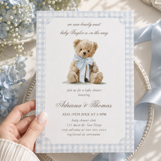 Convite Chuva de Bebê Menino Xadrez Azul Urso (Criador carregado)
