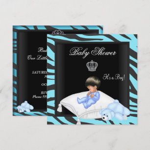 Convite Chuva de Bebê Menino Zebra Azul Preto Coroa Prínci