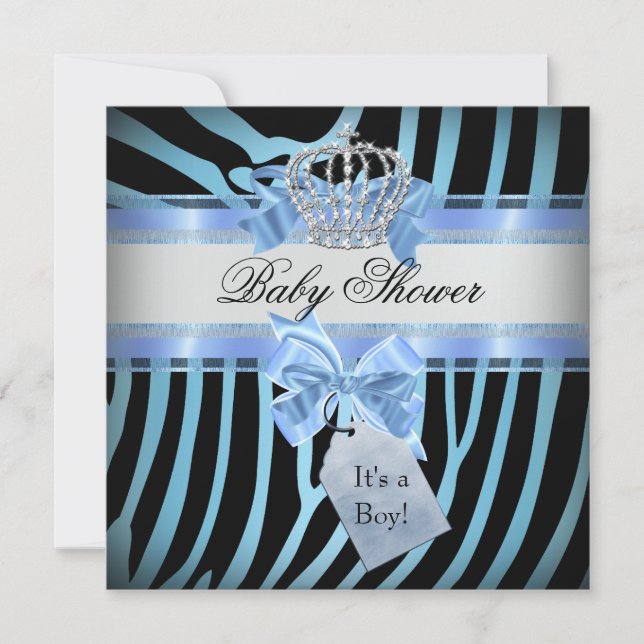 Convite Chuva de Bebê Menino Zebra Azul Príncipe Coroa Pre (Frente)
