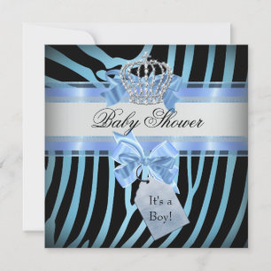 Convite Chuva de Bebê Menino Zebra Azul Príncipe Coroa Pre
