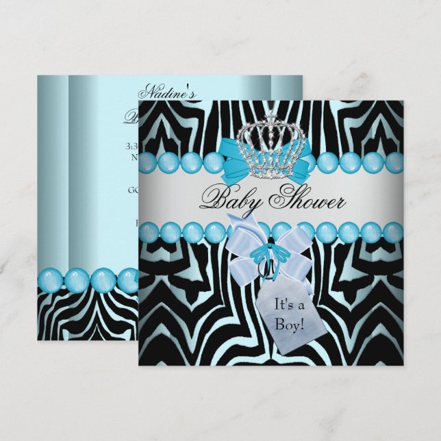Convite Chuva de Bebê Menino Zebra Azul Príncipe Coroa Pre (Frente/Verso)