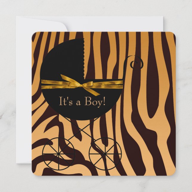 Convite Chuva de Bebê Menino Zebra Dourado e Marrom (Frente)