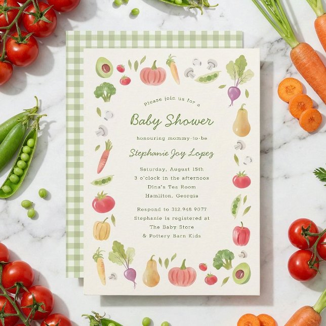 Convite Chuva de Bebê Mercado de Produtor Vegetais em Aqua (locally grown baby shower invitation with farmer's market theme - watercolour vegetables)