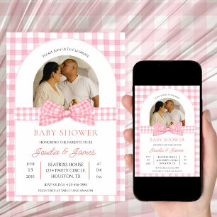 Convite Chuva de bebê minimalista com foto rosa e branco