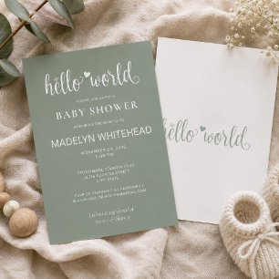 Convite Chuva de Bebê Minimalista Olá Mundo Verde Sage