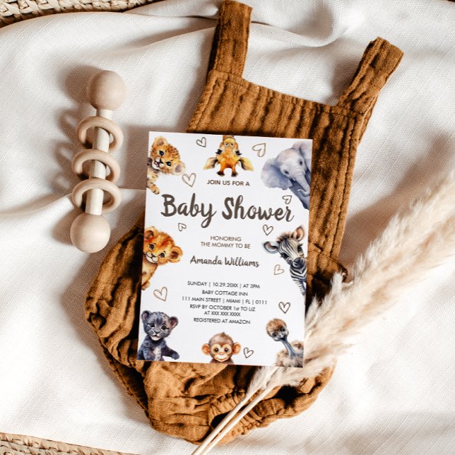 Convite Chuva de Bebê Moderna de Animais da Selva & Coraçõ (Criador carregado)