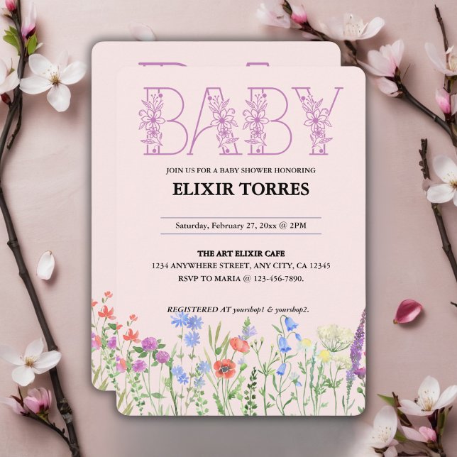 Convite Chuva de Bebê Monograma Bebê Floral Roxa Flor Silv (Criador carregado)