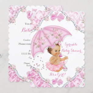 Convite Chuva de Bebê Morena Guarda-Chuva Rosa Menina Flor