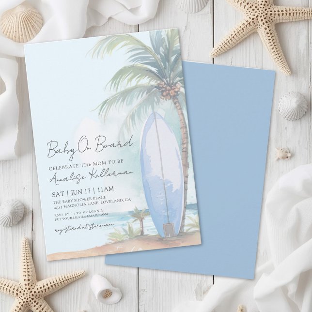 Convite Chuva de Bebê na Prancha de Surf na Praia (Baby On Board Summer Beach Baby Shower Invitation)