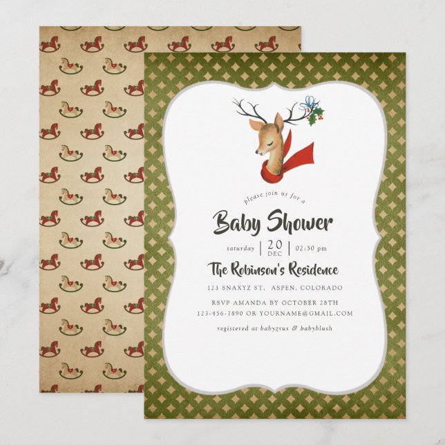 Convite Chuva de Bebê Natal Renas Vintage Retro (Frente/Verso)
