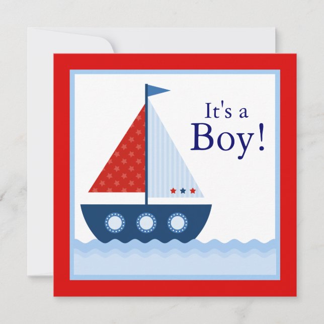 Convite Chuva de Bebê Náutico Barco à Vela Vermelho Branco (Frente)