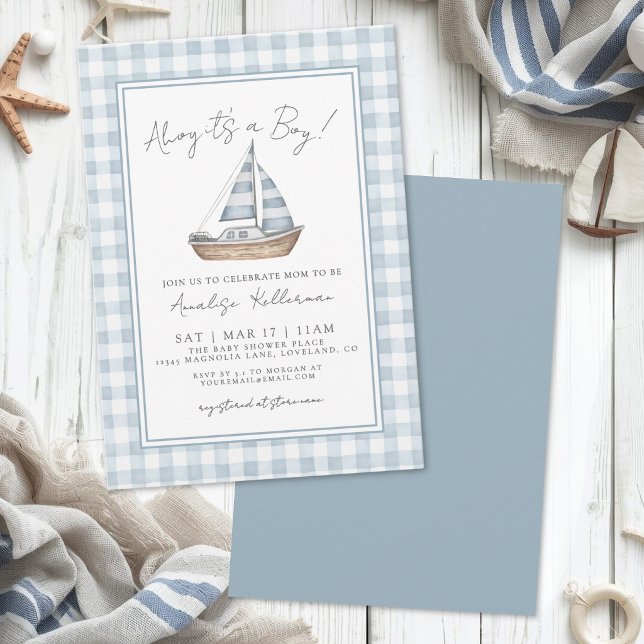 Convite Chuva de Bebê Náutico em Xadrez Azul (Blue Gingham Nautical Baby Shower Invitation)