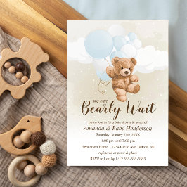 Convite Chuva de Bebê Neutra Bearly Wait, Azul e Branco