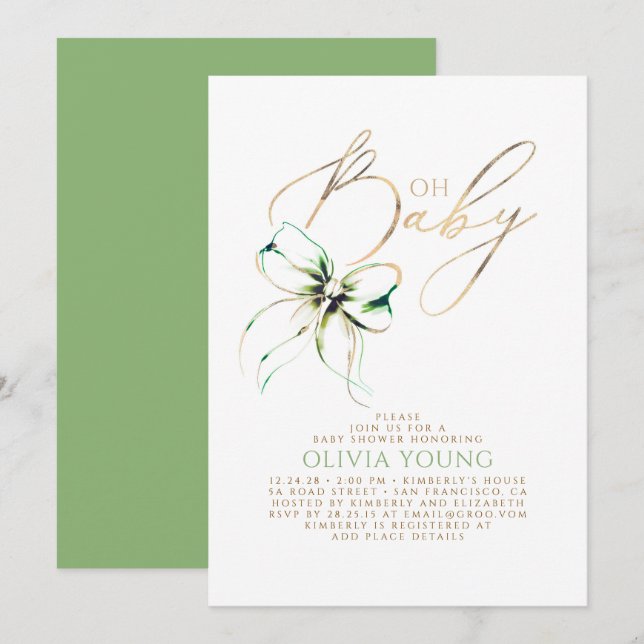Convite Chuva de Bebê Neutra com Arco Verde e Dourado (Frente/Verso)