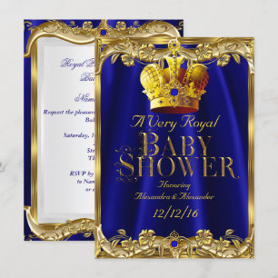 Convite Chuva de Bebê Neutra Coroa Azul Real Dourada