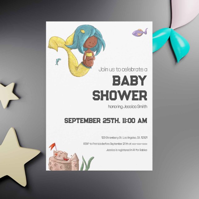 Convite Chuva de Bebê Neutra de Sereia Preta Grávida Moder (Cute Black pregnant mermaid gender neutral baby shower in yellow and blue colors. Exclusive design.)
