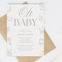 Chuva de Bebê Neutra em Beige Desenhada à Mão