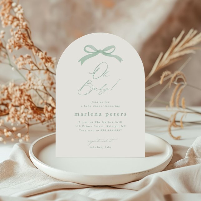 Convite Chuva de Bebê Neutra em Verde Sage Elegante (Simple sage green bow gender neutral baby shower invitation.)