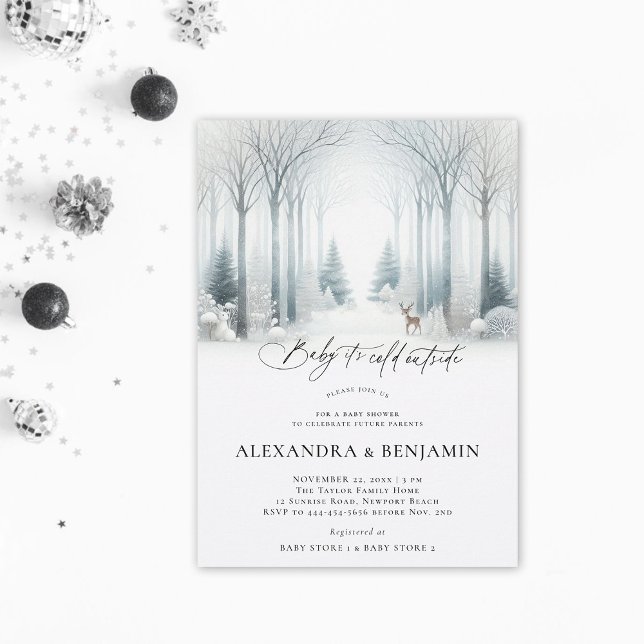 Convite Chuva de Bebê Neutra Floresta Branca de Inverno (cold outside winter baby shower invitation neutral white wonderland enchanted forest woodland coed)
