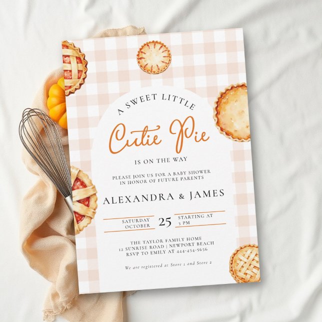 Convite Chuva de Bebê Neutra Gingham de Outono Cutie Pie (fall baby shower invitation cutie pie baking gingham watercolor terracotta autumn arch)