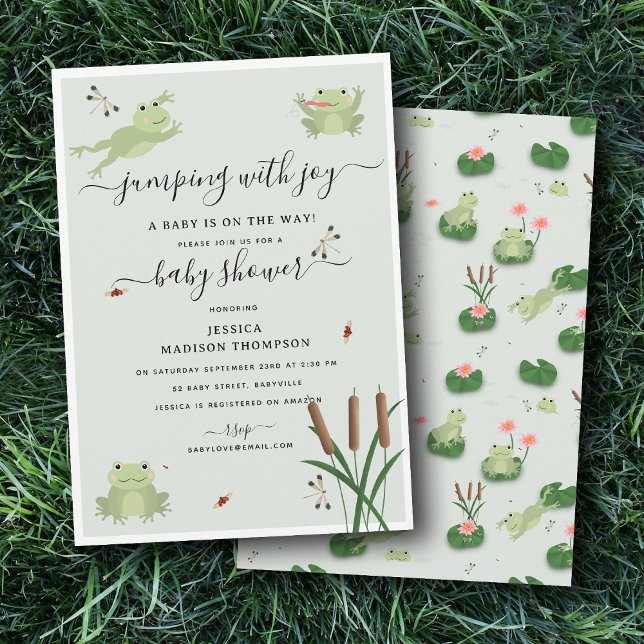 Convite Chuva de Bebê Neutro com Sapos Lindos em Lago de L (Cute Frogs Lily Pond Gender Neutral Baby Shower Invitation)