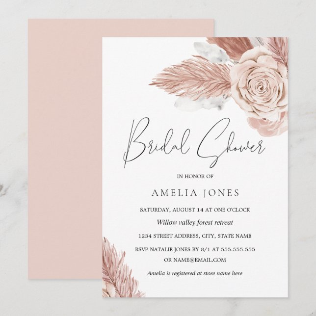 Convite Chuva de Bebê Nupcial Flores Boho Aquarela Rosa Co (Frente/Verso)