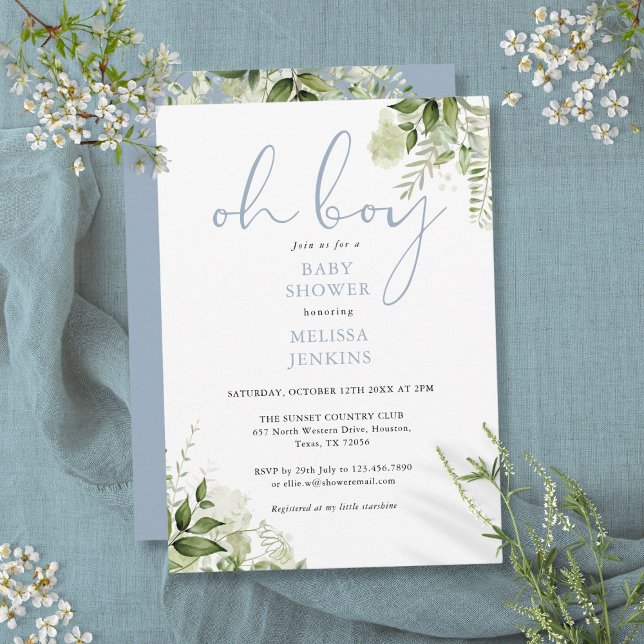 Convite Chuva de Bebê Oh Boy Azul Poeirento e Folhagens (Oh Boy Dusty Blue Greenery Baby Shower Invitation)