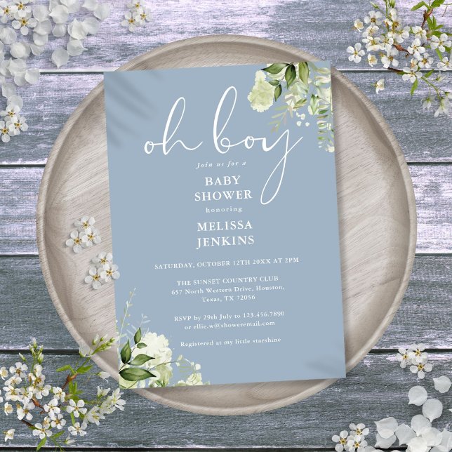 Convite Chuva de Bebê Oh Boy Verde Poeira Azul (Oh Boy Greenery Dusty Blue Baby Shower Invitation)