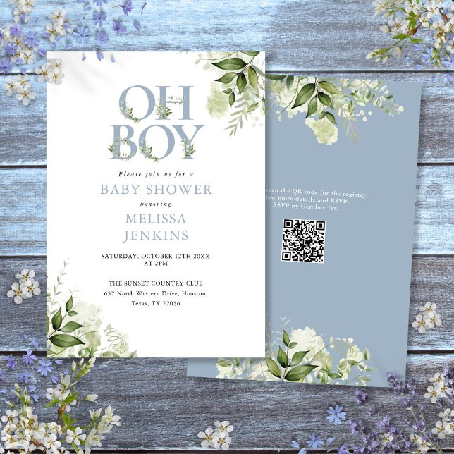 Convite Chuva De Bebê Oh Boy Verde Poeira Azul Código QR (Oh Boy Greenery Dusty Blue QR Code Baby Shower Invitation)