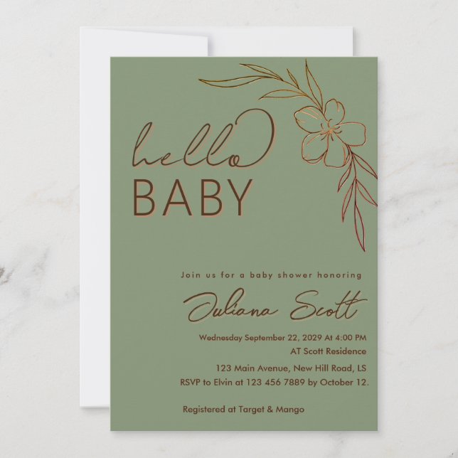 Convite Chuva de Bebê Olá Bebê Verde Moderno Floral (Frente)