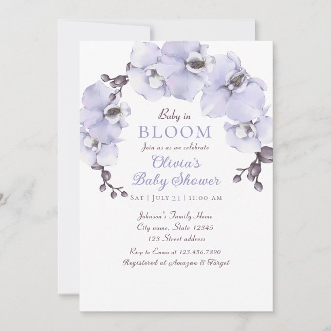 Convite Chuva de Bebê Orquídea Lavanda Elegante (Frente)