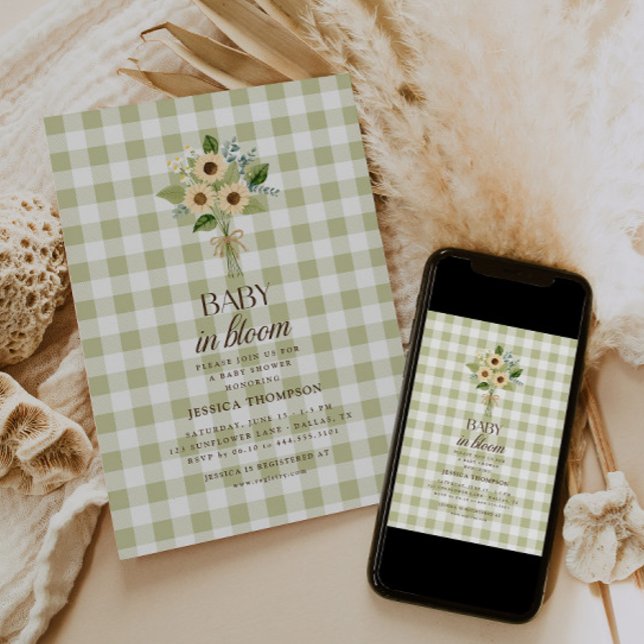 Convite Chuva de Bebê Outono em Flor Gingham Girassol Baby (Criador carregado)