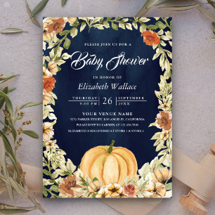 Convite Chuva de Bebê Outono Floral Terroso Abóbora Azul M