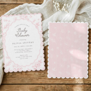 Convite Chuva de Bebê Oval Floral Vintage Francês Rosa