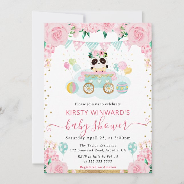 Convite Chuva de Bebê Panda Flores Rosa Aquarela (Frente)