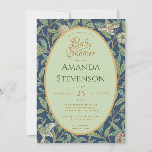 Convite Chuva de Bebê Pássaros Romã Folhas Verdes Morris (Frente)