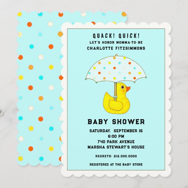 Convite Chuva de Bebê Pato Com Guarda-Chuva (Frente/Verso)