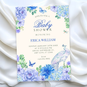 Convite Chuva de bebê pavão floral em aquarela azul